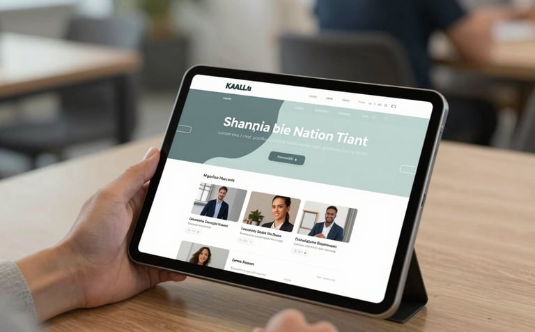 A close-up of a high-end tablet being used by a professional in a modern coworking space in Kuala Lumpur. The screen shows a sophisticated website with social media feed integrations. Professional and approachable mood with #4A6C70 and #F0F5ED color palette.