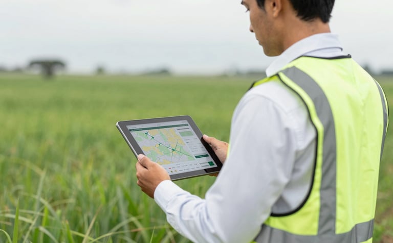A professional engineer in a crisp white shirt and a safety vest standing in a lush green Mato Grosso do Sul pasture, holding a high-tech tablet showing environmental mapping data. The lighting is bright and natural, reflecting a modern and authoritative brand mood with subtle tones of #2E5F49 and #F8F9FA in the sky and grass.