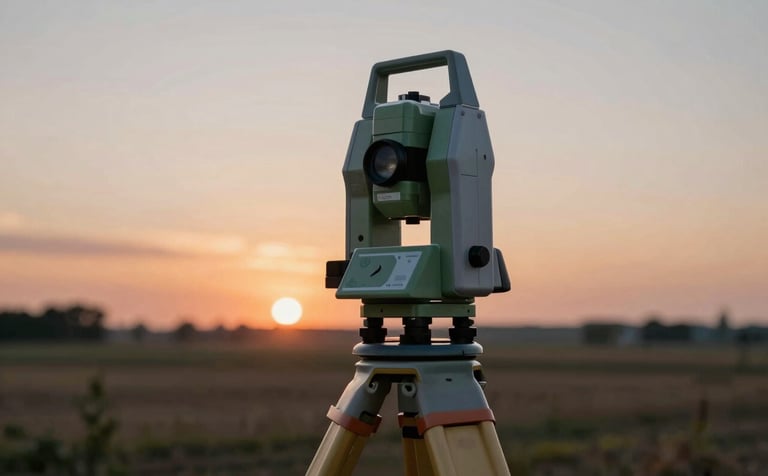 Close-up of a high-precision total station surveying equipment set up in a vast rural landscape at sunset. The style is sophisticated and technical, highlighting the machinery with sharp focus. Colors incorporate the deep #0F2027 of the equipment and the warm #A0A8A4 of the evening horizon.