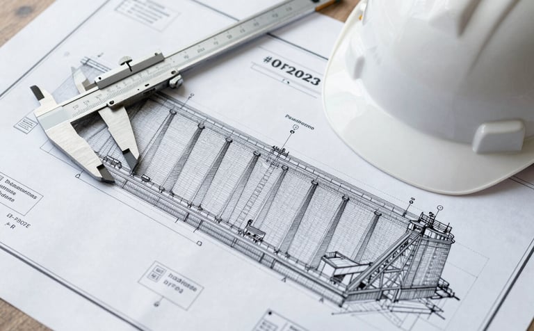Top-down view of a detailed technical blueprint for a rural dam project, with a pair of engineering calipers and a hard hat nearby. Professional, technical, and clean aesthetic with a focus on authority. Incorporates #0F2027 in the ink and #F8F9FA for the paper background.