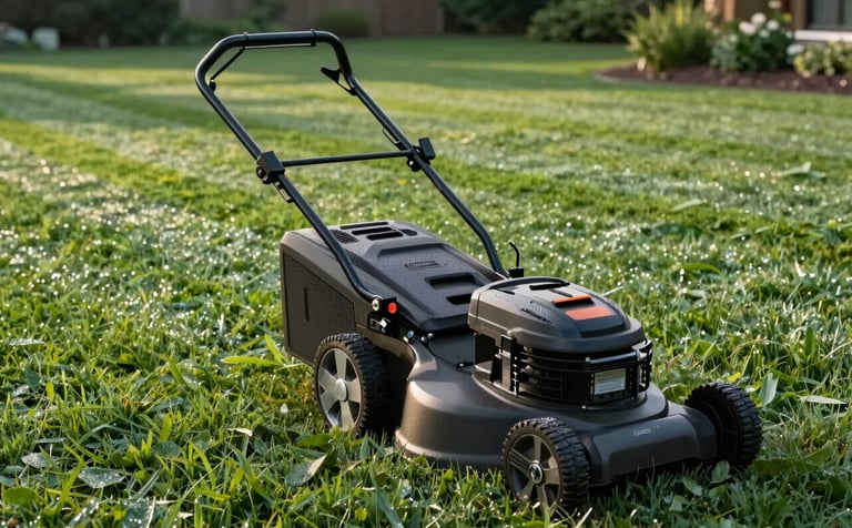 Professional photography of a modern lawn mower on a perfectly manicured North American lawn. The grass is a vibrant dark green with crisp mowing lines. Soft morning sunlight highlights the dewy, lush garden setting, creating a serene and professional atmosphere.
