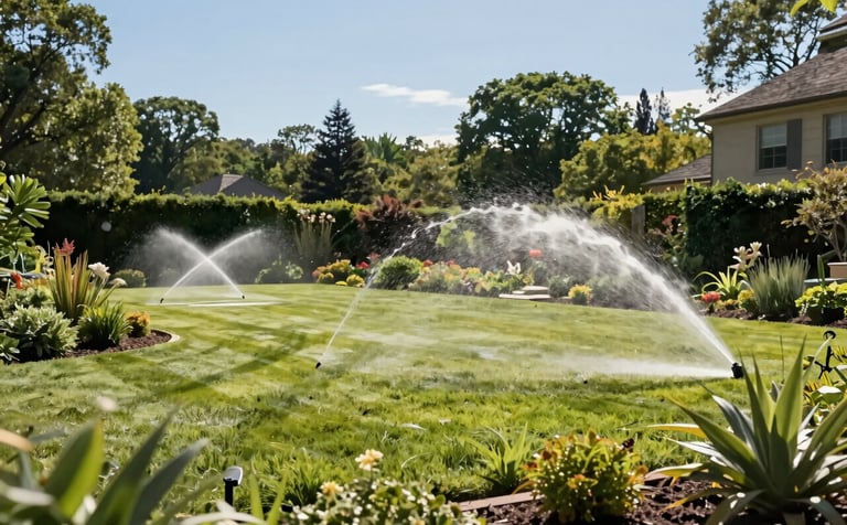 Wide photography of a lush North American estate garden. High-quality automated sprinklers are active, hydrating a pale green lawn and structured garden beds. The scene conveys expert care, reliability, and natural beauty under a clear blue sky.