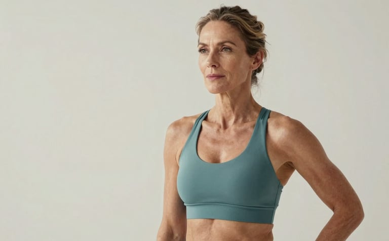 An empowering portrait of a fit, middle-aged individual in a minimalist studio. The lighting is soft and flattering, utilizing a palette of soft off-white and muted teal. The subject looks confident and healthy, reflecting the brand's focus on longevity.