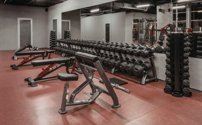 Modern gym weight room featuring rows of dumbbells on racks and adjustable workout benches.