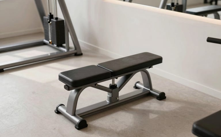A clean, high-angle photograph of a modern gym floor featuring high-quality equipment. The scene is lit with bright, natural light, highlighting soft off-white walls and dark charcoal metal surfaces. The composition is minimalistic and professional, embodying a results-oriented atmosphere.