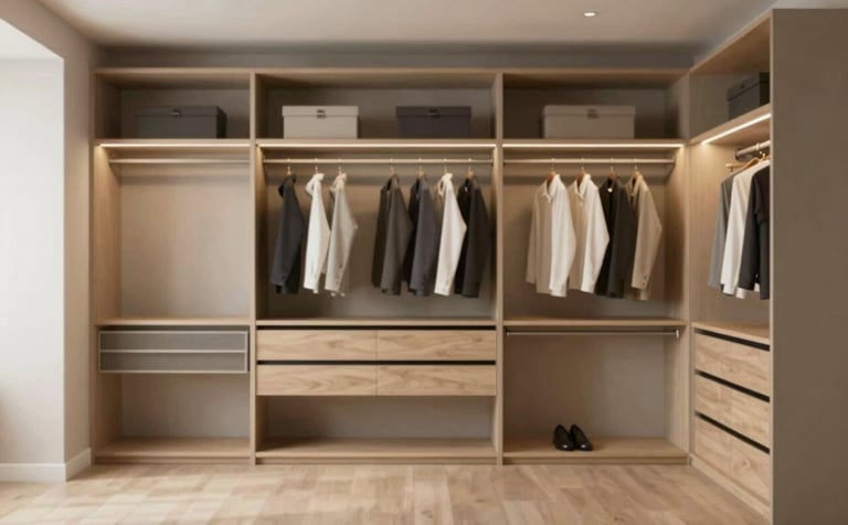 A spacious walk-in closet with custom shelving in #BCA99D taupe and light oak finishes. Minimalist design with integrated warm LED strip lighting under shelves, showing organized clothing.