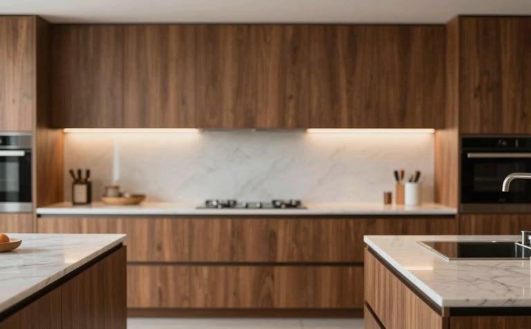A luxury modern kitchen with integral wooden cabinetry in #7B5E4A brown, minimalist handles, and a clean marble countertop. The lighting is warm and soft, highlighting the natural wood grain texture. Elegant, high-end atmosphere.