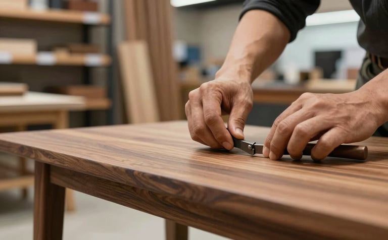 Close-up of a craftsman's hands working on a bespoke solid wood table, using traditional tools. Background shows a modern commercial interior with wooden slats in #2C2720.