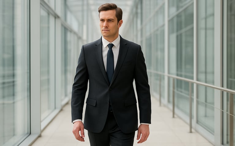 A professional North American business executive in a sharp suit walking through a bright, modern glass atrium. The lighting is clean and natural, emphasizing a secure and transparent financial environment with off-white and light gray tones.