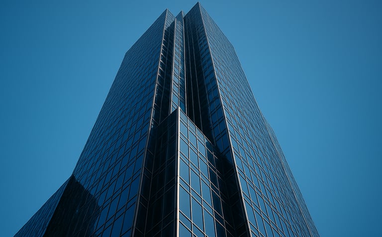 A low-angle exterior shot of a majestic glass-and-steel skyscraper in a North American financial district, reflecting the clear blue sky. The composition is powerful and secure, using a palette of dark blue and polished silver.