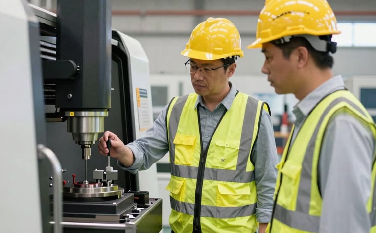 Engineers in hard hats and safety vests inspect an automated CNC industrial machine in a factory.