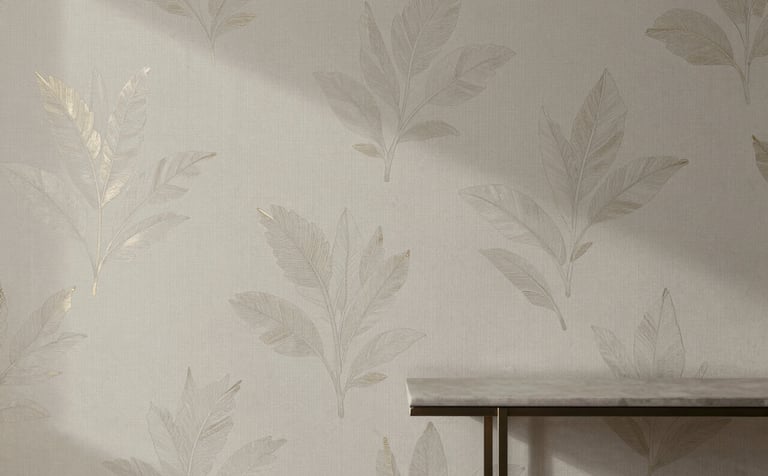 A close-up of a feature wall with elegant, sophisticated wallpaper featuring a subtle botanical motif in #4E6A5B and metallic accents. Beside it, a minimalist console table under soft, directional gallery lighting. Professional and aspirational vibe.