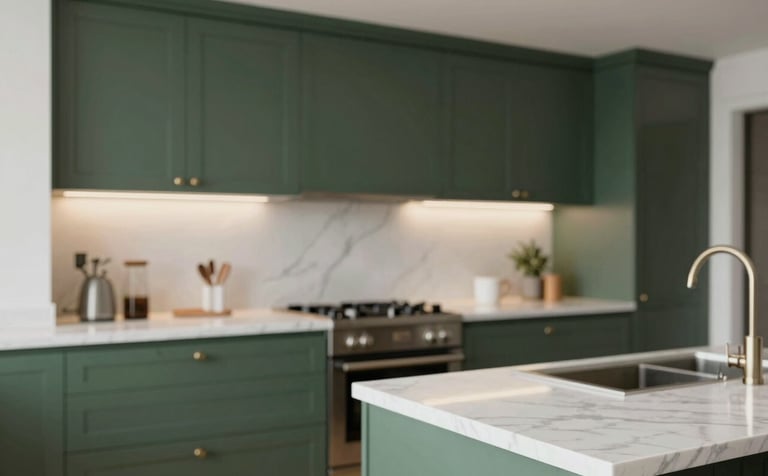 A high-end, modern kitchen showcasing custom cabinetry in a sleek dark green #1A2A27 finish with brushed metal handles. Meticulously organized marble countertops and contemporary lighting. Clean, professional look that inspires trust.