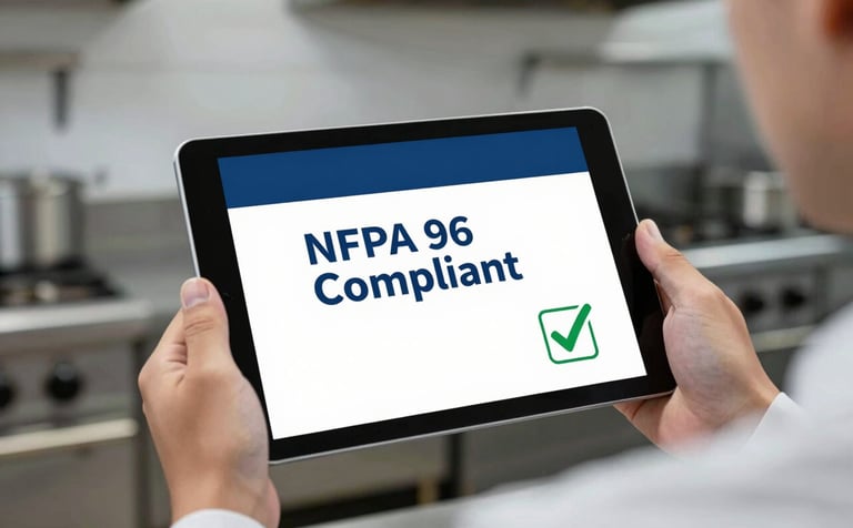 Close-up of a digital compliance report on a tablet being held by a professional in a kitchen. The screen shows 'NFPA 96 Compliant' with a green checkmark. The background is a clean, modern commercial kitchen with #3A607C and #F5F7F8 tones throughout.