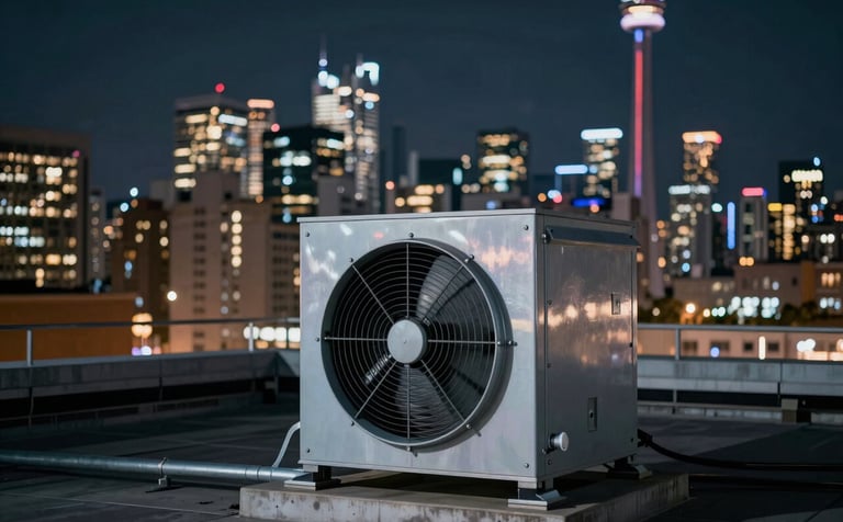 A view of a commercial rooftop exhaust fan system overlooking the Toronto skyline at night. The fan is clean and well-maintained, with soft artificial light glinting off its metal housing. The mood is professional and quiet, incorporating deep #1E2B3A night skies and #8DAABF highlights on the machinery.
