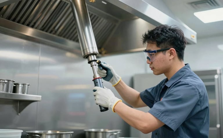 A professional technician in a clean uniform and safety gear meticulously degreasing a large stainless steel commercial exhaust hood in a high-end restaurant kitchen. The lighting is crisp and modern, highlighting the metallic surfaces. Touches of #3A607C and #8DAABF appear in the technician's gear and the ambient reflections.