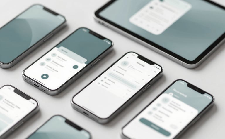 A minimalist arrangement of mobile phones and tablets showing clean app interfaces. Soft lighting, high-tech professional aesthetic, using a palette of #476C7D and #F8FBFD.