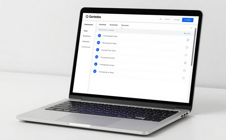 A sleek, professional laptop on a clean desk showing a dashboard of automated software test results with blue checkmarks. Minimalist composition, modern high-tech atmosphere, featuring brand colors #476C7D and #A1C6D0 in the screen details.