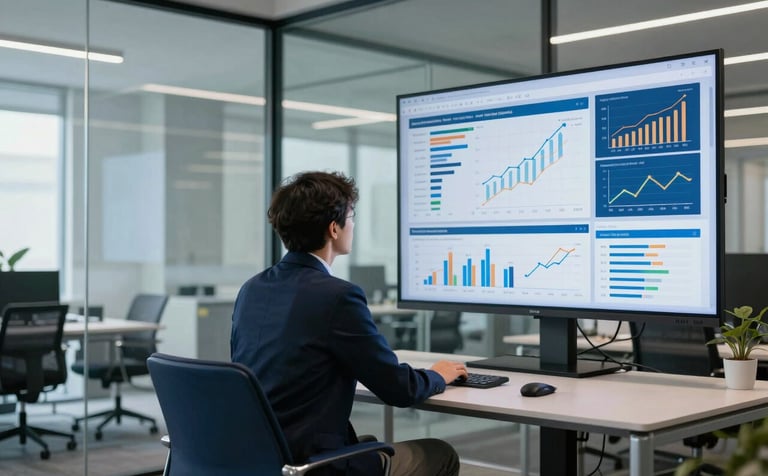 A professional business analyst in a modern, glass-walled office, carefully observing data visualizations on a large screen. The lighting is bright and clear. The room features professional furniture in Dark Navy Blue and Steel Blue accents, reflecting a sophisticated corporate atmosphere.