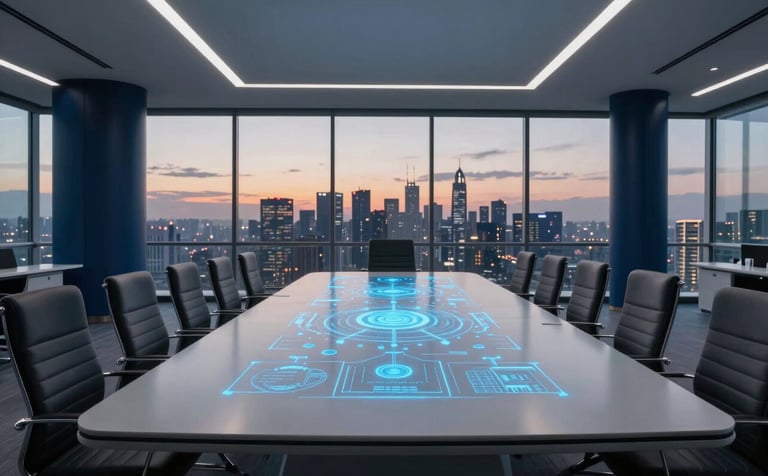 A wide, cinematic shot of a futuristic boardroom overlooking a city at dusk. The interior is decorated with Mist Gray surfaces and Dark Navy Blue pillars. A digital tabletop glow with Sky Blue data points, representing strategic foresight.