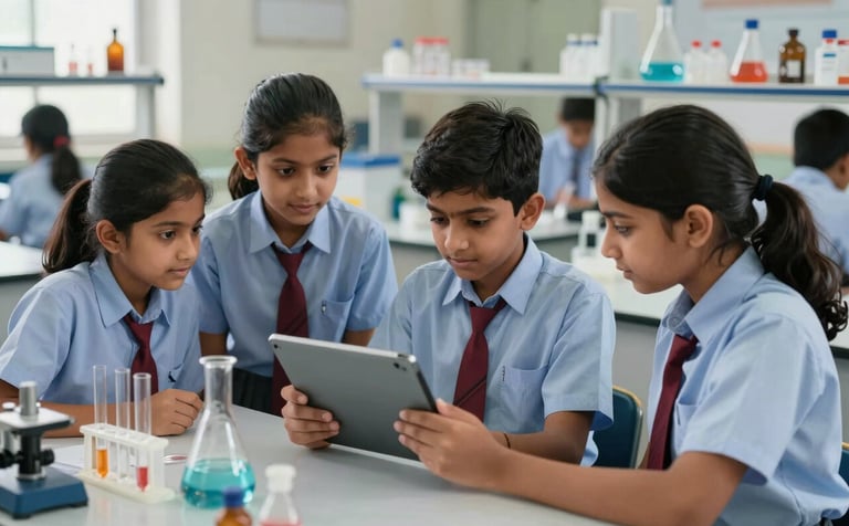 A professional photography shot of a middle school science laboratory in India. South Asian students in neat uniforms are working in small groups, looking at a digital tablet and conducting a safe experiment. The lighting is bright and professional, highlighting an atmosphere of curiosity and academic excellence. The background shows organized lab equipment.