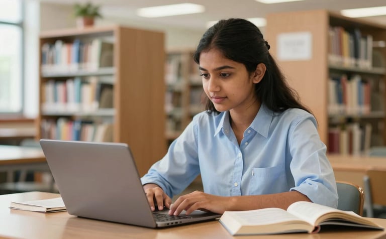 A crisp, high-quality photograph of a South Asian high school student studying in a bright, modern school library. She is using a laptop alongside open textbooks, looking focused and inspired. The background is softly blurred, showing rows of books and a clean, quiet study environment. The lighting is warm and encouraging.