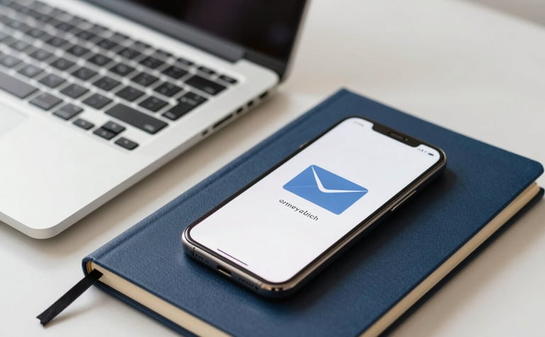 Close-up of a laptop and a smartphone on a clean desk with a Deep Navy Blue notebook, representing professional digital communication and email support, bright and efficient atmosphere.