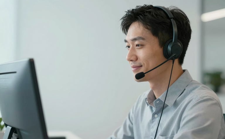 A professional customer support representative wearing a headset, smiling slightly, in a modern office with Pale Mist White walls and Soft Steel Blue accents, high-quality professional photography.