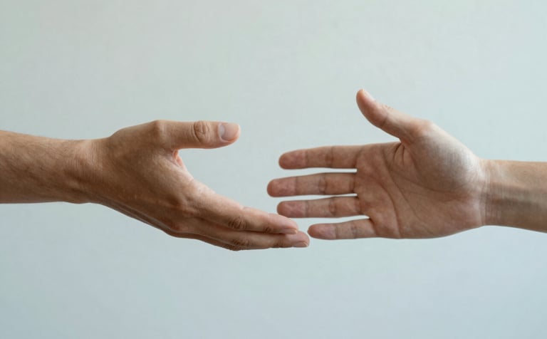 Two hands reaching out toward each other in a gesture of support and connection, set against a soft, textured background in shades of #AABCCB and #F8FBFD. The lighting is warm and comforting, suggesting empathy and professional psychological guidance.