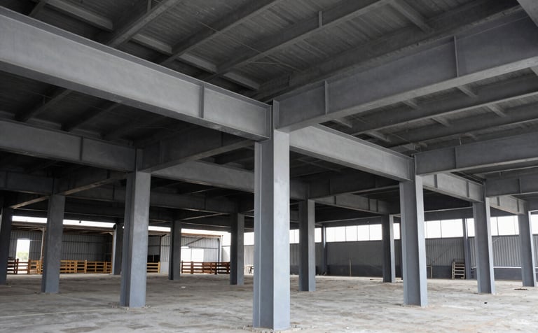 Massive structural steel beams and columns for an industrial warehouse under construction in Guadalajara, North American / Mexican setting, high-angle view, minimalist industrial style, Silver Gray and Carbon Black tones, bright daylight, professional architectural photography.