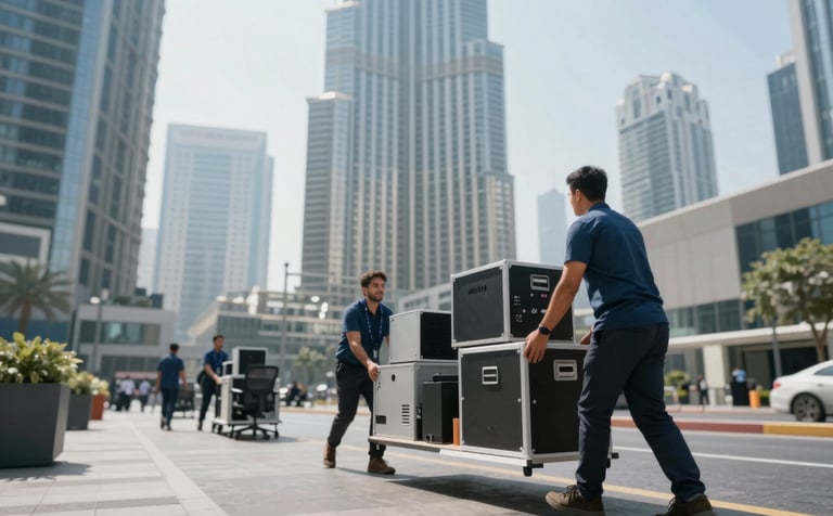 A wide-angle shot of a commercial office relocation in a Dubai skyscraper. Movers are carefully transporting tech equipment and ergonomic chairs. The color palette incorporates #2C3E50 and #6B7B8E, conveying a professional and organized business atmosphere.