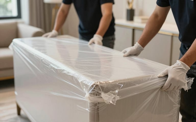 A detailed close-up of high-end furniture being wrapped in professional-grade protective film by movers with clean white gloves. The background features hints of a luxury Dubai interior, using a palette of #B8A081 and #F8F9FA.