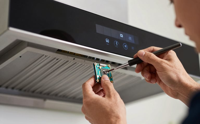 A technician using precision tools to repair the electronic touch panel of a high-end kitchen chimney. The scene is shot with a shallow depth of field, emphasizing the technical expertise and reliability.