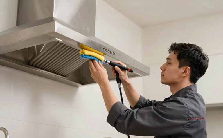A professional technician in a dark charcoal uniform cleaning a stainless steel kitchen chimney with specialized tools. Modern premium kitchen setting with soft off-white lighting and sharp focus on the cleaning process.