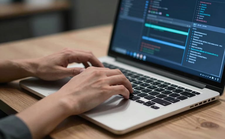 Close-up of a professional developer working on a laptop in a sleek office setting with slate blue accents. The scene captures the essence of modern software engineering and precision. Global / Tech-focused atmosphere.