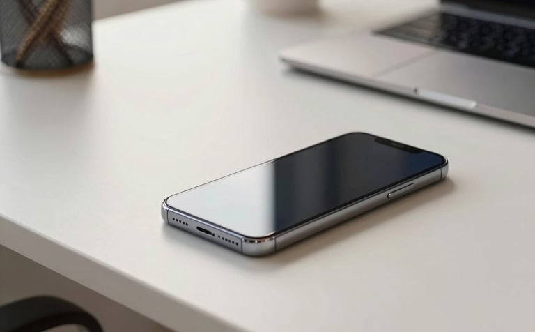 A high-end smartphone resting on a minimalist off-white desk in a bright, modern studio. The screen reflects soft lighting, suggesting a fluid and clean interface. The environment is professional and innovative, reflecting a Global / Tech-focused workspace.