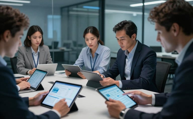 A collaborative team of tech professionals analyzing data on tablet screens in a glass-walled conference room. The lighting is cool and professional with deep blue tones. Global / Tech-focused context.
