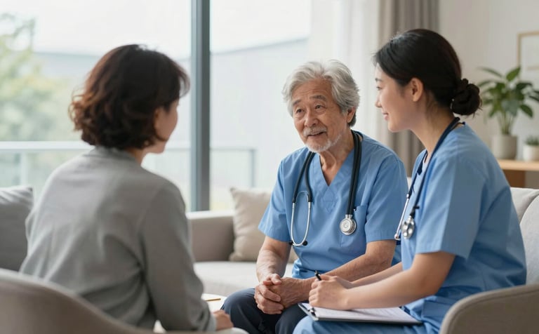 A senior care assistant in a high-quality private British care home, engaging in a professional and compassionate conversation with a colleague in a clean, modern lounge. Large windows allow for bright, natural daylight in a reassuring setting.