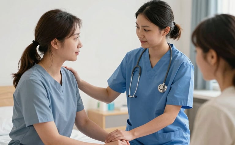 A support worker in a Northern European residential care setting, assisting with daily activities in a clean, well-organized environment. The composition focuses on professional partnership and clinical dependability.