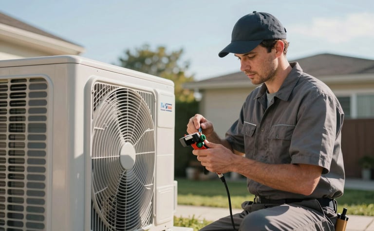 A professional HVAC technician in a clean uniform inspecting a residential outdoor air conditioning unit with precision tools in a sunny North American / US yard. The scene features soft sky blue and arctic white highlights reflecting modern efficiency.