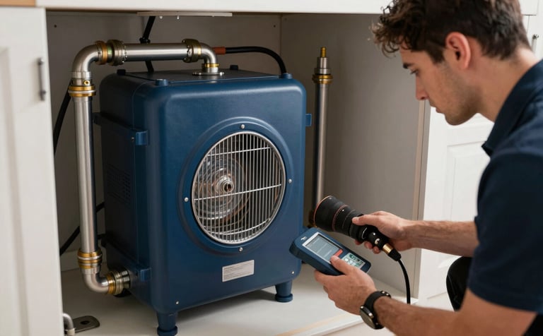 A high-efficiency heating system being calibrated by a technician in a modern North American / US home basement. The composition emphasizes technical expertise and reliable steel blue and deep navy blue hardware.