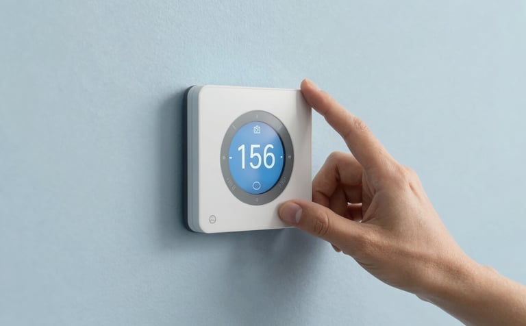 A close-up of a hand adjusting a sleek smart thermostat on a minimalist wall in a contemporary North American / US residence. The image uses pale arctic blue and soft sky blue tones to project comfort and smart technology.