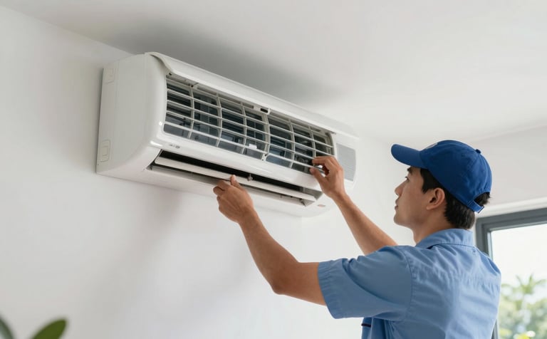 A professional HVAC technician in a clean uniform installing a modern split-system air conditioner unit on a white wall in a bright South American home. The setting is clean and minimalist with natural light and a palette of light gray and pale blue.
