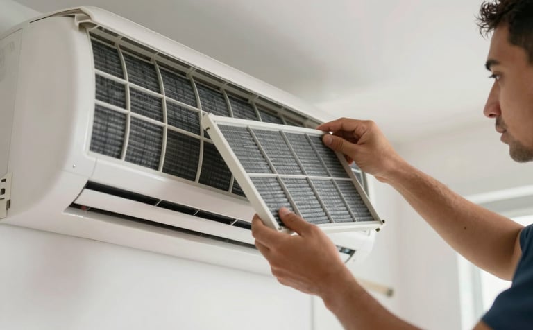 Close-up of a professional technician cleaning a reusable air filter from a residential AC unit in a clean, modern Brazilian house. Soft daylight highlights the clean surfaces and the efficiency of the service.