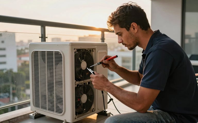 A technician performing a technical repair on an external air conditioning unit located on a modern balcony. Focused professional work with specialized tools in a South American urban environment during the golden hour.