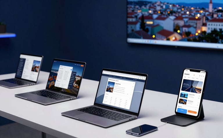 A professional architectural-style photograph of a tech studio in an Eastern European / Croatian city. On a clean white desk, several Android devices are arranged, each showing a different part of a sophisticated business application. The lighting is crisp, highlighting deep blue and navy tones in the environment.