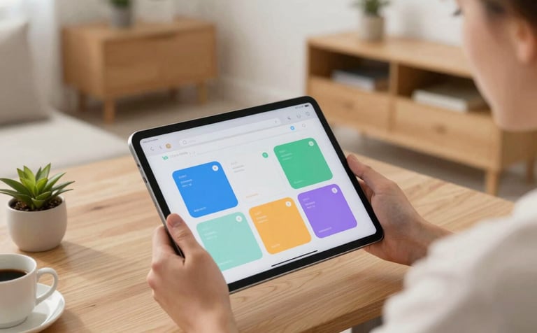 A lifestyle photograph of a person in a modern Eastern European / Croatian home office environment, holding a large tablet displaying a colorful and simple mobile application. The room is filled with natural daylight, featuring light wood furniture and a minimalist aesthetic. The lighting is soft and inviting, highlighting a sense of ease and accessibility.