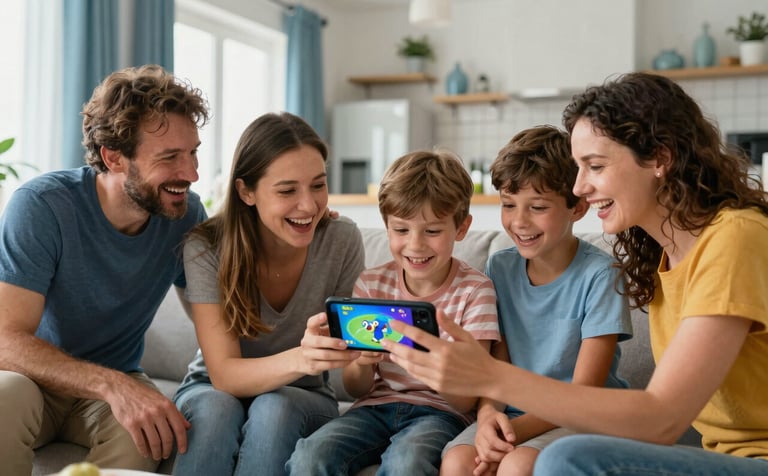 A warm, candid photograph of a multi-generational family in a bright, contemporary Croatian living room. They are gathered around a smartphone, laughing and interacting with a playful mobile game. The atmosphere is joyful and professional yet zaigran, with soft blue accents in the decor reflecting the brand colors.