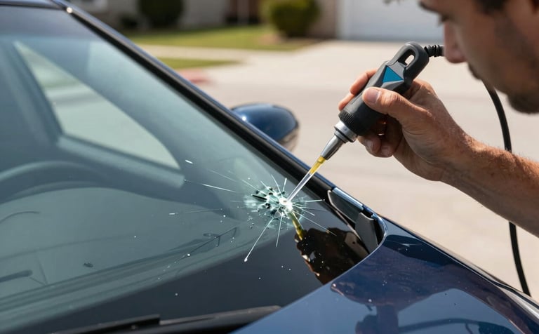 A close-up photograph of a professional technician injecting clear resin into a small star-shaped windshield crack. The setting is a bright North American driveway during the day. The focus is sharp on the repair tool and the glass texture, conveying precision and modern reliability. Palette colors like sky blue and midnight blue are subtly reflected in the car's paint.