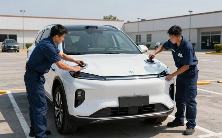 A wide photography shot of two technicians in professional uniforms installing a large, pristine new windshield onto a modern SUV. The setting is a clean, sunlit North American parking lot. The composition shows the technicians using specialized suction handles, emphasizing teamwork and innovative safety standards.